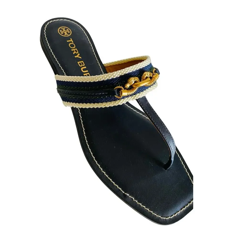 Tory Burch Jessa‎ Navy Leather Thong Sandals Dragon Chain Stripe Webbing 9.5
